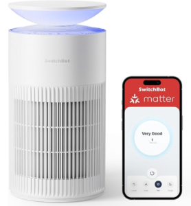 SwitchBot smart air purifier for home with 360° air intake grille, pet filter, RGB air quality indicator, and Matter compatibility.