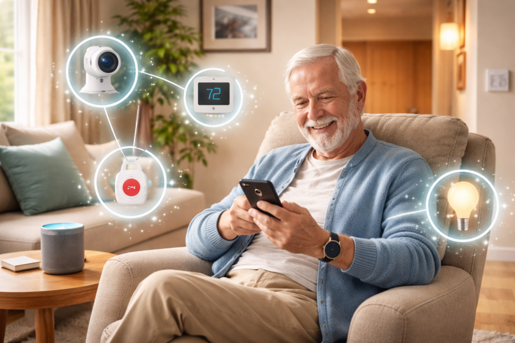 Elderly man using smartphone in a smart home with connected safety devices for safer senior living.