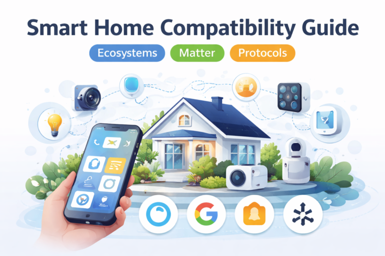 Smart home system compatibility guide illustration showing a connected house controlled by smartphone with ecosystems, Matter, and communication protocols.